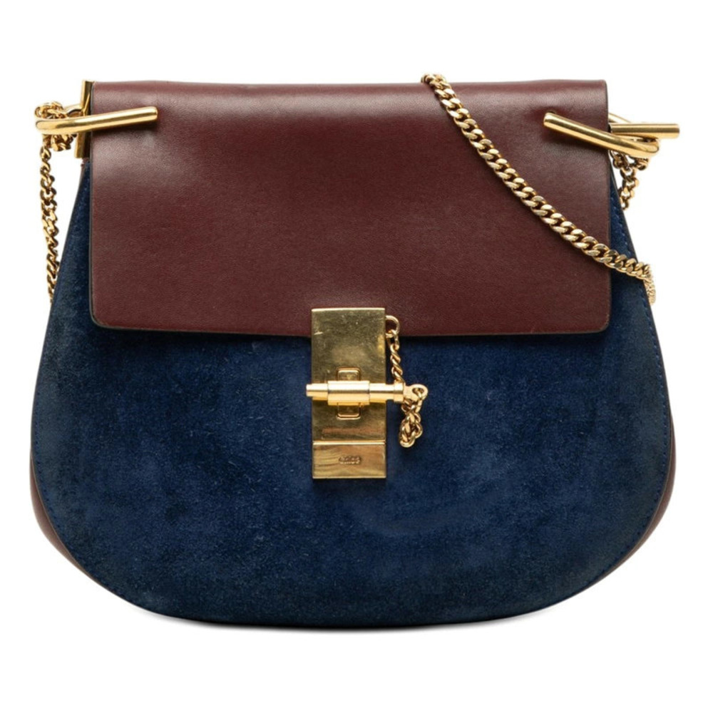 Chloe Drew Chain Shoulder Bag Blue Brown Suede Leather